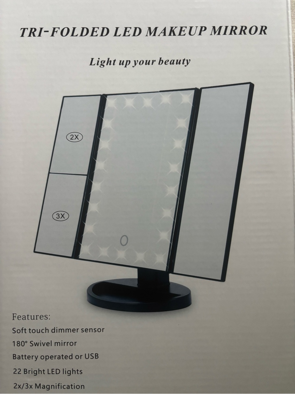 Tri-Fold LED Makeup Mirror with 1x/2x/3x Magnification - Rose Gold